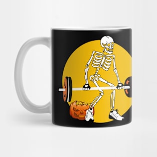 Skeleton Weight lifting Pumpkin Funny Halloween Mug